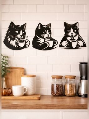Black Metal Cat Coffee Wall Art Set of 3 | Funny Cat Decor Coffee Bar Kitchen